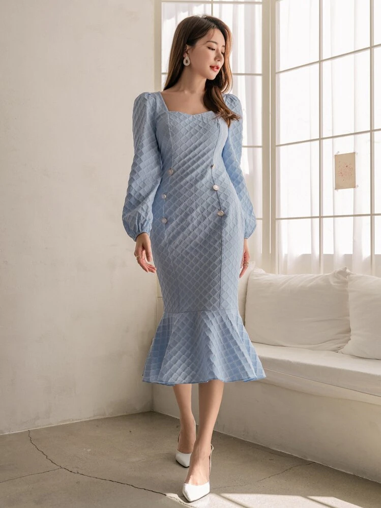 Modelyn מכפלת קפל רוכסן כפתרה כפולה פשוט אלגנטי שמלה - כחול בייבי - ראה 4