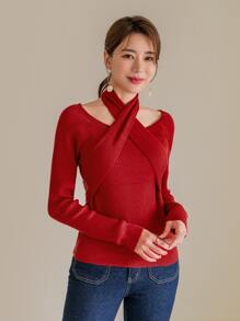 Modelyn Áo len nữ Hội Chữ thập màu trơn Thanh lịch - Đỏ - Xem 5