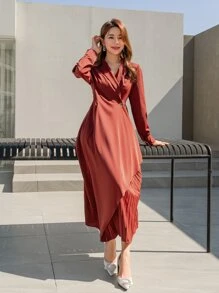 Modelyn Lapel Neck Single Button Pleated Hem Dress - Rust Brown - View 6