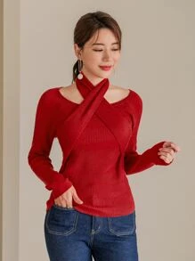 Modelyn Áo len nữ Hội Chữ thập màu trơn Thanh lịch - Đỏ - Xem 6