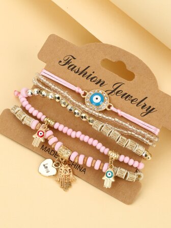 6入組/套水鑽眼睛和法蒂瑪之手串珠手鍊女士串珠多層手鍊套裝波西米亞風眼睛吊墜手鍊首飾