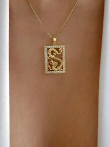 中國龍和水鑽裝飾矩形吊墜項鏈 - 金黃色 - 查看 1