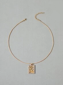 中國龍和水鑽裝飾矩形吊墜項鏈 - 金黃色 - 查看 3