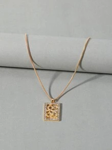 中國龍和水鑽裝飾矩形吊墜項鏈 - 金黃色 - 查看 5