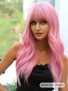 Màu hồng Dài Quăn Tóc giả tổng hợp Tóc mái Đối với phụ nữ Hằng ngày Buổi tiệc Halloween Tóc giả Chống nóng Tóc giả - Hồng - Xem 3
