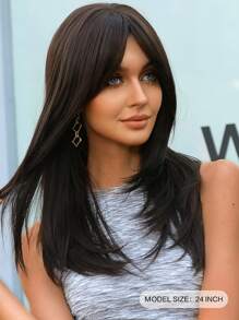 Brown 24-Inch Long Curly Synthetic Wig With Bangs - Brown - View 3