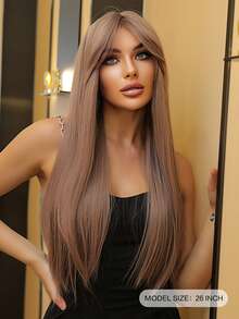 Long Straight Synthetic Wig With Bangs - Brown - View 2