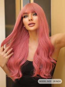 Pelucas de pelo sintético ondulado largo rosa con flequillo para mujer, peluca rosa ondulada de Cosplay Natural, fibra resistente al calor - Rosa - Ver 2