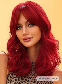 Pelucas sintéticas de color rojo oscuro para mujer, peluca ondulada de color borgoña con flequillo, peluca roja degradada para fiesta diaria, Cosplay, pelucas de Halloween - Rojo - Ver 3