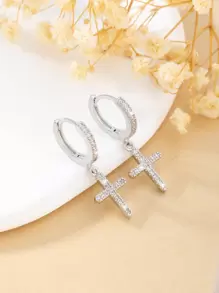 1 对奢华铜十字架吊坠耳环，时尚女士礼物