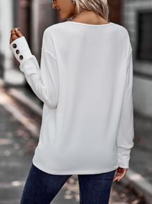 SHEIN LUNE Camiseta unicolor de cuello V con diseño de botón - Blanco - Ver 2