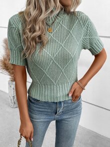 SHEIN LUNE Mock Neck Argyle Knit Top - Mint Green - View 3