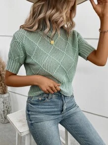SHEIN LUNE Mock Neck Argyle Knit Top - Mint Green - View 6