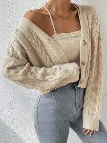 SHEIN Unity Drop Shoulder Cable Knit Cardigan & Crop Knit Top - Apricot - View 1