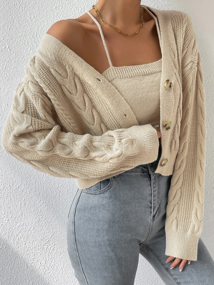 SHEIN Unity Drop Shoulder Cable Knit Cardigan & Crop Knit Top - Apricot - View 1