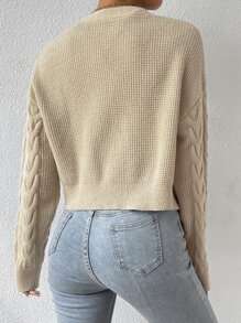 SHEIN Unity Drop Shoulder Cable Knit Cardigan & Crop Knit Top - Apricot - View 2