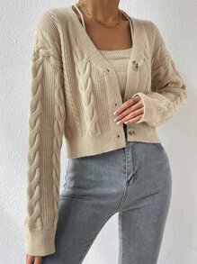SHEIN Unity Drop Shoulder Cable Knit Cardigan & Crop Knit Top - Apricot - View 3