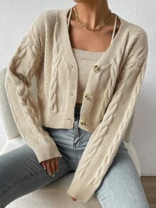 SHEIN Unity Drop Shoulder Cable Knit Cardigan & Crop Knit Top - Apricot - View 5