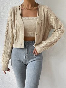 SHEIN Unity Drop Shoulder Cable Knit Cardigan & Crop Knit Top - Apricot - View 6