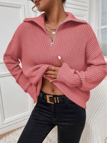 SHEIN Unity Ribbed Knit Half Zipper Drop Shoulder Jumper - Pink - View 1