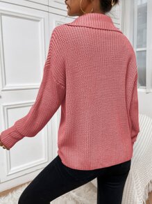 SHEIN Unity Ribbed Knit Half Zipper Drop Shoulder Jumper - Pink - View 2
