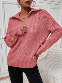 SHEIN Unity Ribbed Knit Half Zipper Drop Shoulder Jumper - Pink - View 3