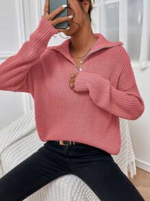 SHEIN Unity Ribbed Knit Half Zipper Drop Shoulder Jumper - Pink - View 4