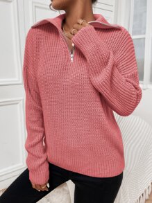 SHEIN Unity Ribbed Knit Half Zipper Drop Shoulder Jumper - Pink - View 5