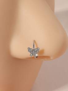 Aro para la nariz con diamante de imitación con diseño de mariposa - Plateado - Ver 1