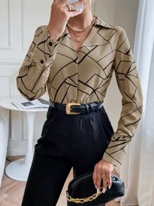 SHEIN Clasi Minimalist Sleek Modern Linear Geometric Print Long Sleeve Shirt - Khaki - View 1
