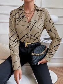SHEIN Clasi Minimalist Sleek Modern Linear Geometric Print Long Sleeve Shirt - Khaki - View 3