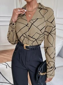 SHEIN Clasi Minimalist Sleek Modern Linear Geometric Print Long Sleeve Shirt - Khaki - View 4