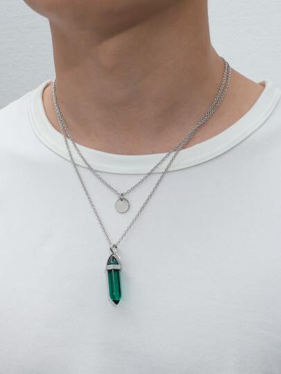 時尚流行1入組男士幾何和圓盤吊飾分層項鍊，不銹鋼首飾，適合珠寶禮物和時尚外觀