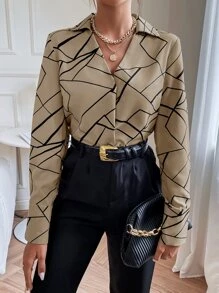 SHEIN Clasi Minimalist Sleek Modern Linear Geometric Print Long Sleeve Shirt - Khaki - View 5
