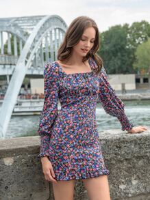 SHEIN Clasi 印花胸部褶皺連衣裙 - 彩色 - 查看 1