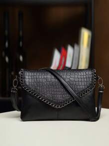 鱷魚壓紋鏈條裝飾翻蓋方包 - 黑色 - 查看 1