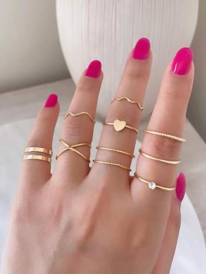 10入組心和水鑽裝飾戒指