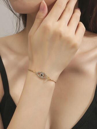 件歐美復古合金邪眼水鑽鑲嵌盒鍊女式可伸縮手鍊適合日常佩戴