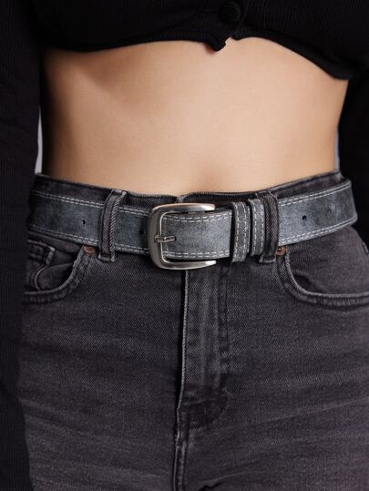 Grunge Punk Stitch Detail Square Buckle Belt