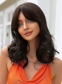 Tóc giả tổng hợp sóng cơ trung bình có mái - màu nâu - Xem 1