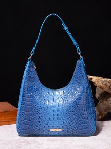 Crocodile Embossed Metal Decor Hobo Bag - Blue - View 1