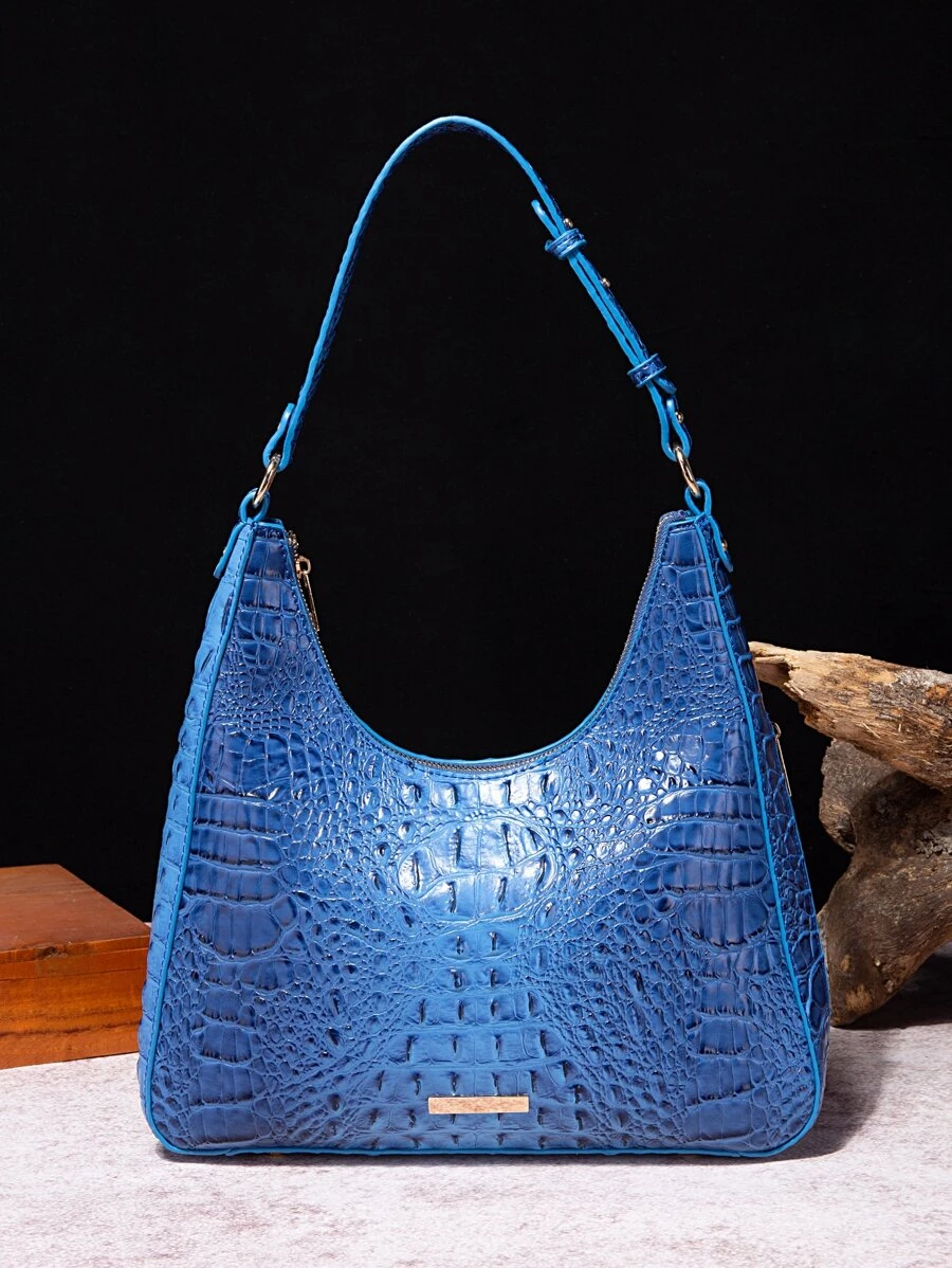 Crocodile Embossed Metal Decor Hobo Bag - Blue - View 1