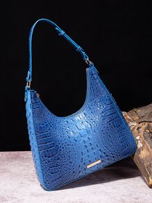 Crocodile Embossed Metal Decor Hobo Bag - Blue - View 2