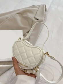 迷你字母圖案縫紉細節心形新奇包。最佳情人節女友、女士禮物。適合購物、日常使用 - 白色 - 查看 3