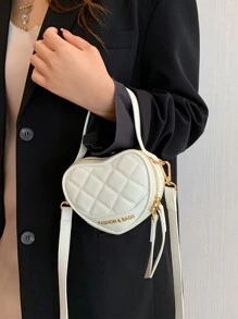 迷你字母圖案縫紉細節心形新奇包。最佳情人節女友、女士禮物。適合購物、日常使用 - 白色 - 查看 5