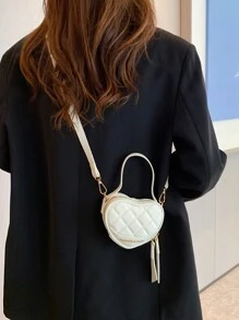 迷你字母圖案縫紉細節心形新奇包。最佳情人節女友、女士禮物。適合購物、日常使用 - 白色 - 查看 6