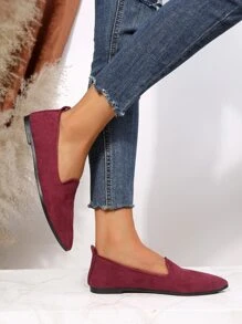 Minimalist Point Toe Faux Suede Flat Loafers - Rose Red - View 5