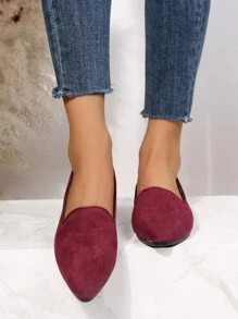 Minimalist Point Toe Faux Suede Flat Loafers - Rose Red - View 2