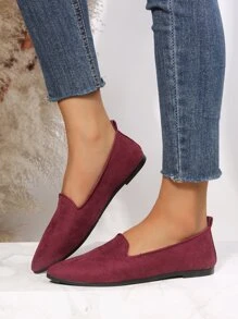 Minimalist Point Toe Faux Suede Flat Loafers - Rose Red - View 6