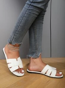 Women Snakeskin Embossed Cut Out Slide Sandals, Elegant Solid Minimalist Outdoor Flat Sandals - White - View 2